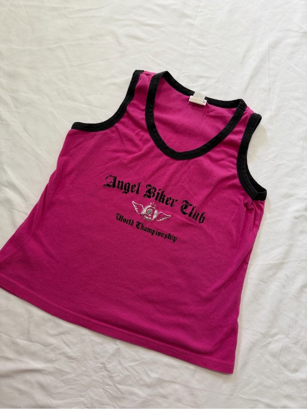 Y2K No Boundaries Pink Tank Top with Black Trim Angel Biker Club Graphic